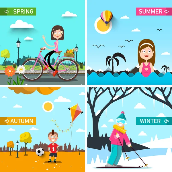 Four Seasons Vector Landscapes with People. Spring, Summer, Autumn and Winter Scenes.