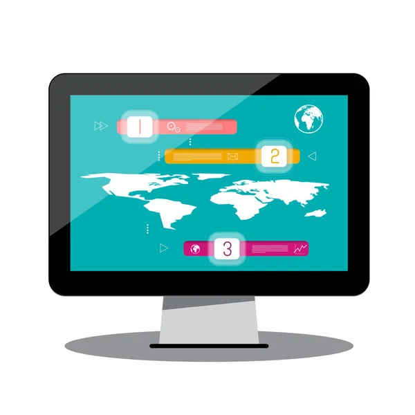 Infografiken Auf Computerbildschirm Mit Weltkartendesign — Stockvektor