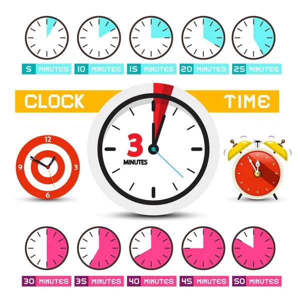 Uhren Vektorzeit Symbole Fünf Bis Fünfzig Minuten Zeiger Eingestellt — Stockvektor