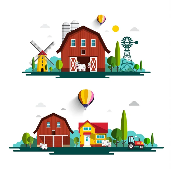 Farm Houses Vector Flat Design Cartoon Barn Cows — Stock Vector