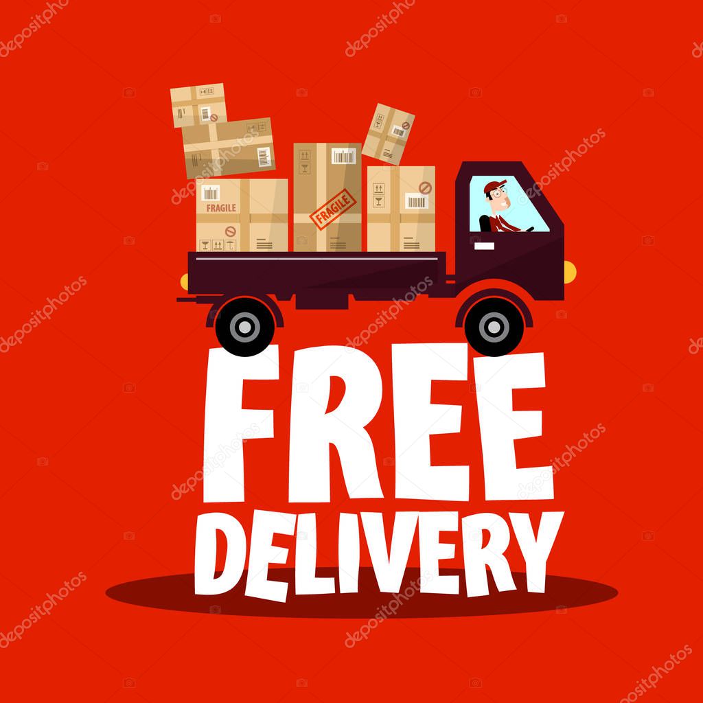 Free Delivery Icon with Truck and Parcels, Vector Shipping Symbol.