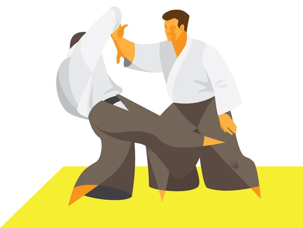 Aikido két harcosok foglalkozik az edző — Stock Vector
