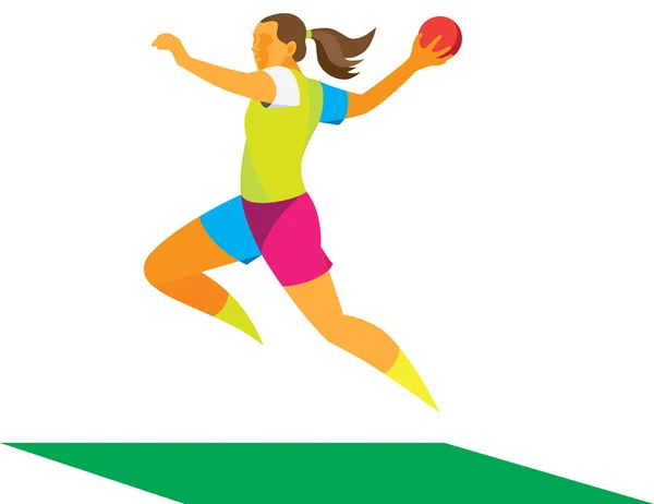 Giovane giocatore di pallamano femminile per attaccare in salto — Vettoriale Stock