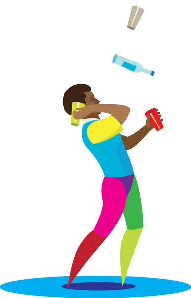 Afro-Amerikan barmen ustaca şişeleri juggles ve glassest — Stok Vektör