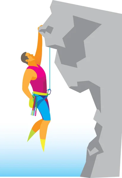 Valiente escalador asciende a una roca escarpada — Vector de stock