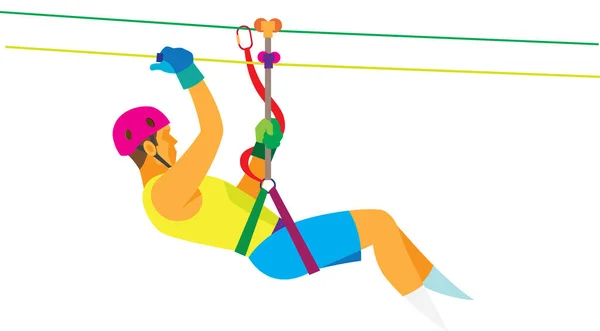 The young man down the rope to the attraction ziplining — Stock Vector