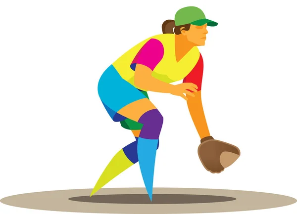 Fille joueur de softball est à la poursuite de la balle — Image vectorielle