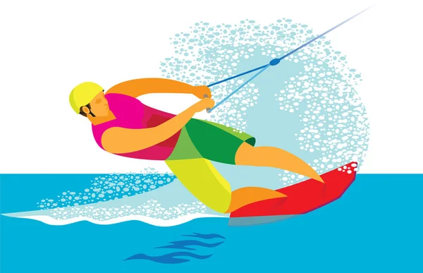 Junge Sportlerin fährt mit Wakeboard übers Wasser — Stockvektor