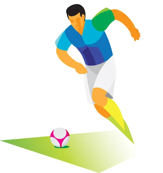 Attaccante giocatore di calcio in esecuzione con la palla sul fi calcio — Vettoriale Stock