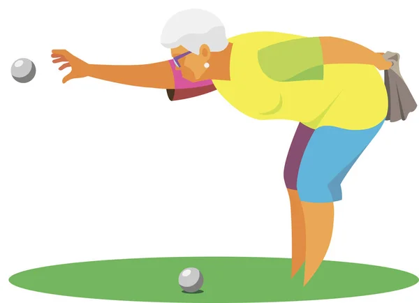 늙은 여자는 오래 된 프랑스 게임 페탕크에 공을 던져합니다 — 스톡 벡터