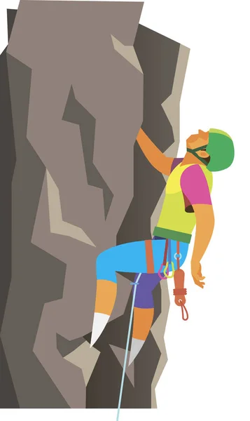 Ein junger Mann ist ein Bergsteiger, der steile Felsen erklomm — Stockvektor