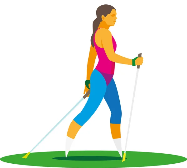 Giovane donna sportiva impegnata nel nordic walking — Vettoriale Stock