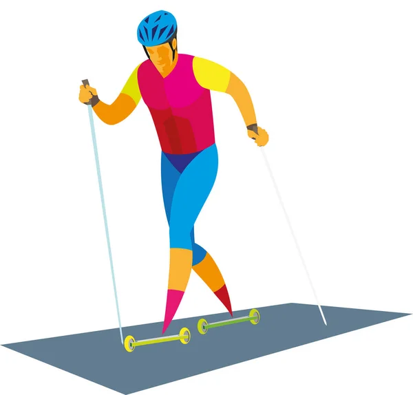 Jeune homme est skieur court le long de la piste sur des skis à roulettes — Image vectorielle