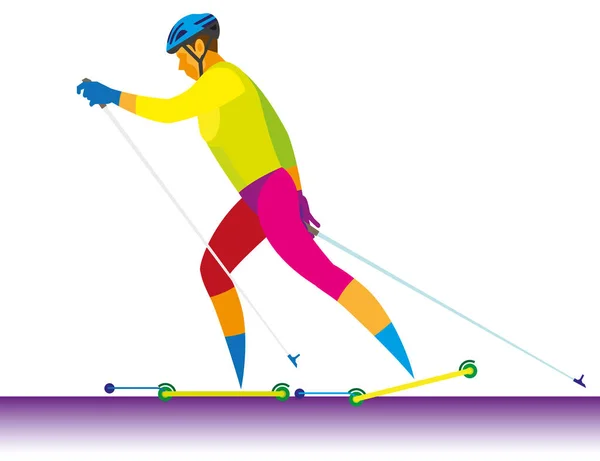 Esquiador profesional va a dar una vuelta en esquís sobre ruedas — Vector de stock