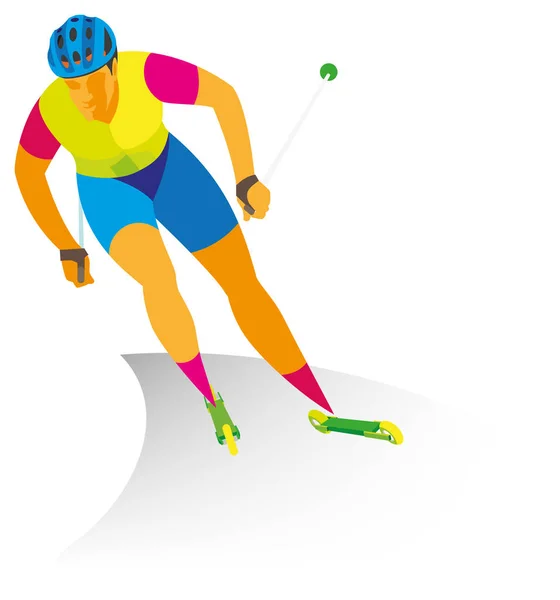 Young skier participates in competitions on roller skis — Stock Vector