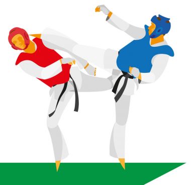 Taekwondo savaşçı bir tekme bir rakip kafanın içinde tutar.
