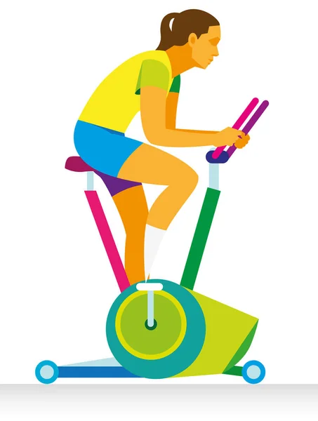 Young woman is engaged on a exercise bike in the room — Stock Vector