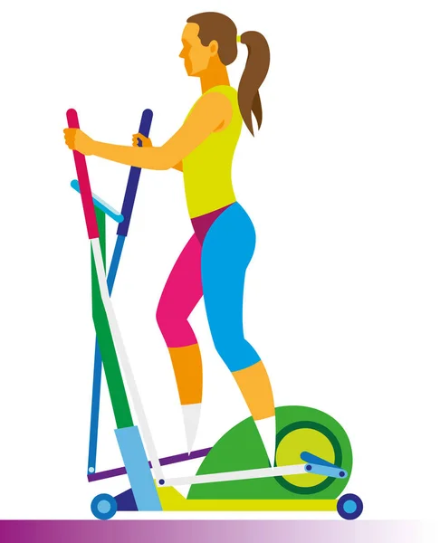 Young woman is engaged in the cross trainer in a hall — Stock Vector