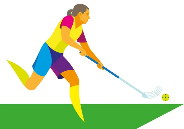 Jeune femme jouant au hockey dans le hall au floorball — Image vectorielle