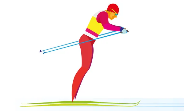 Joven esquiador corre rápidamente a la línea de meta — Vector de stock