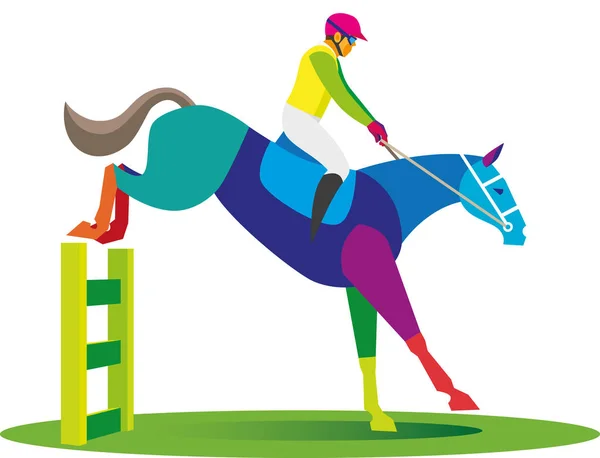 O jockey em um cavalo salta sobre um obstáculo — Vetor de Stock