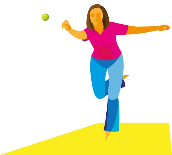 Chica joven lanzando la pelota en el viejo juego francés petanca — Vector de stock