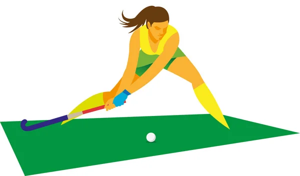 Młoda kobieta gracz w hokeja na trawie hit rzut wolny — Wektor stockowy