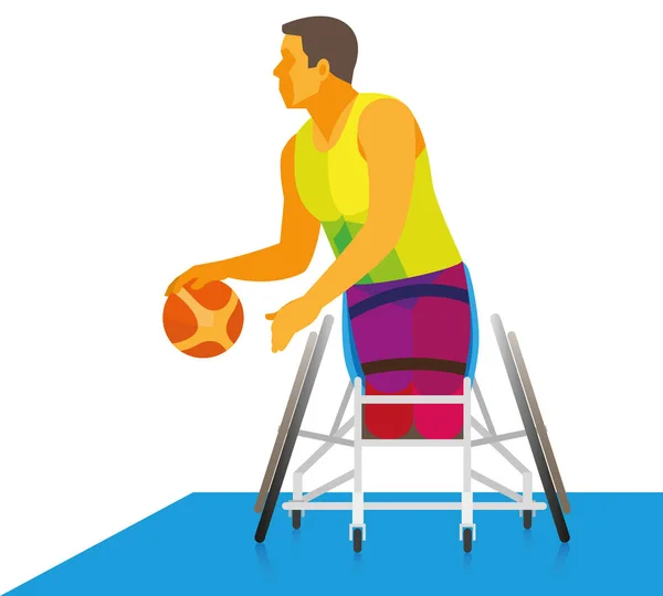 Un athlète fort dans un fauteuil roulant jouant au basket — Image vectorielle