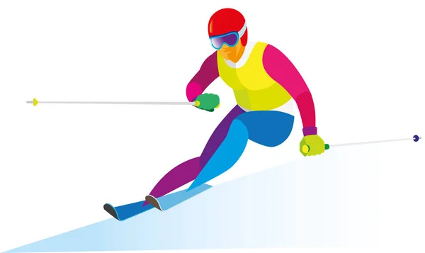 Athlete skier passes a difficult turn on the downhill ski race — Stock Vector
