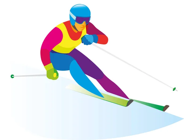 Lo sciatore alpino supera una complicata curva di discesa — Vettoriale Stock