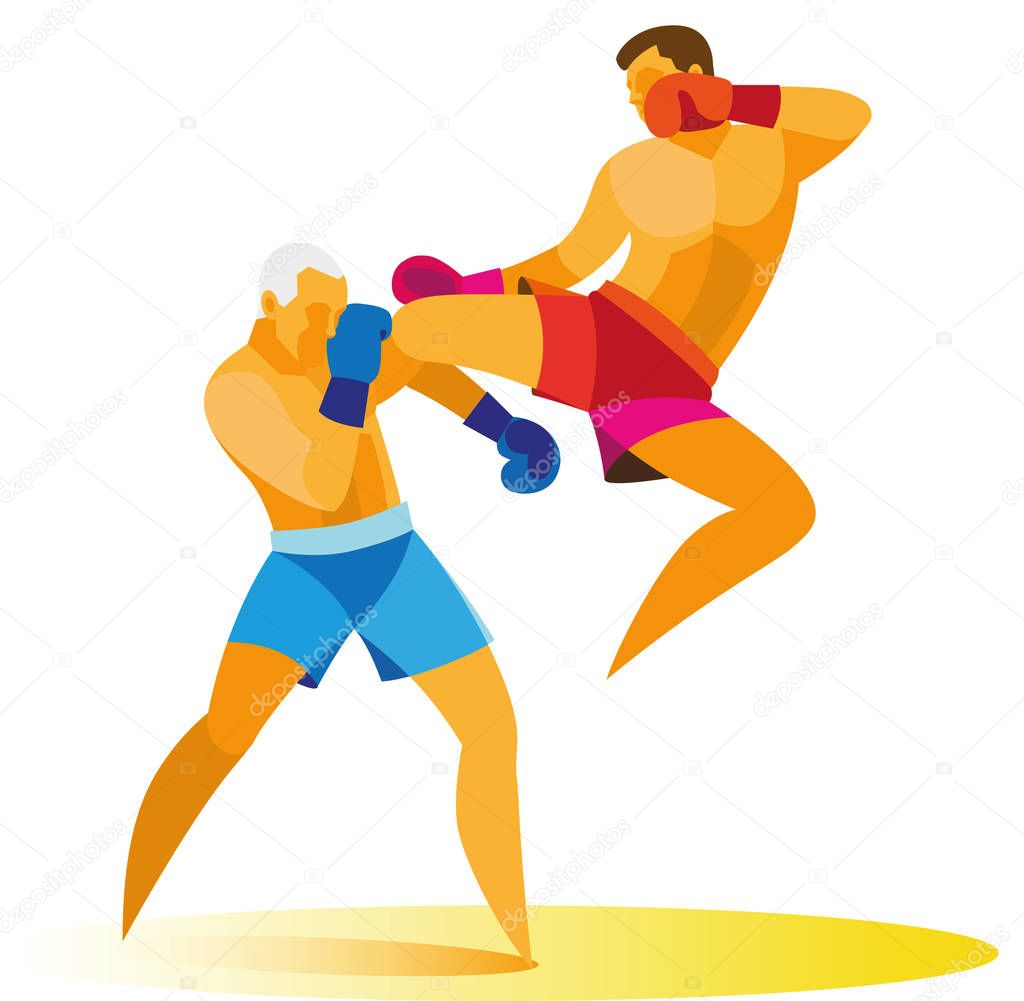 Athlete is a kickboxer who performs a high kick in the jump
