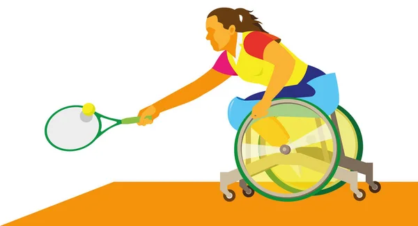 Una mujer discapacitada en una silla de ruedas juega al tenis — Vector de stock