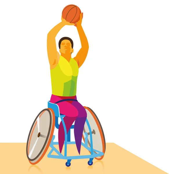 Behindertensportlerin spielt Rollstuhlbasketball und greift den Mann an Stockvektor
