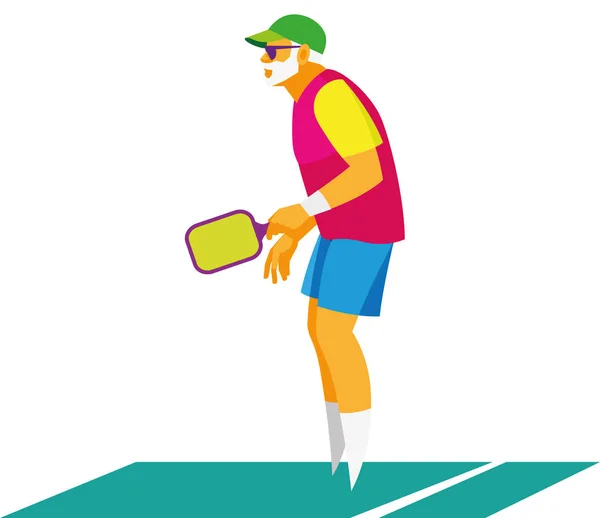 Grauhaariger Rentner mit grüner Baseballmütze spielt mit einem Schläger Vektorgrafiken