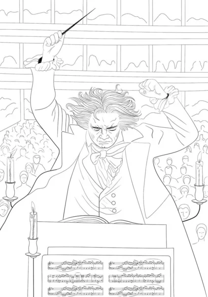 Ludwig Van Beethoven 1770 1827 Porträtt Linjeillustration — Stock vektor