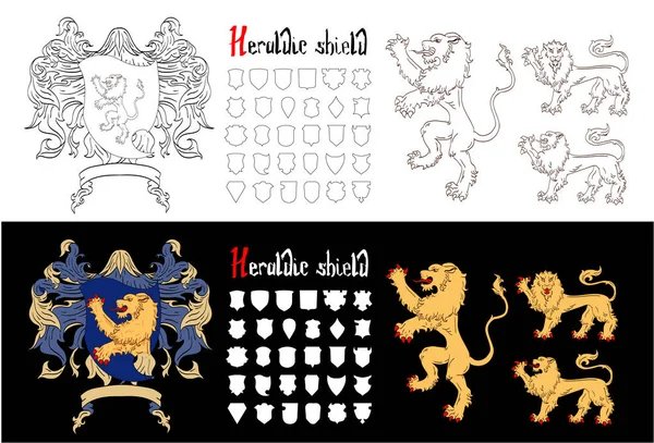 Vector Heraldic Set gabarit boucliers et lions — Image vectorielle