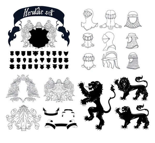 Vektor heraldikai készlet: pajzsok oroszlánok sisakok — Stock Vector