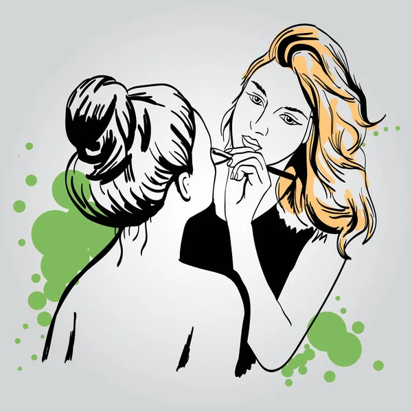 Mujer visagista maquillaje artista pinta en la cara de su cliente . — Archivo Imágenes Vectoriales