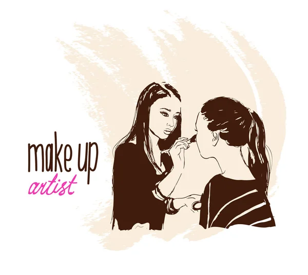 Mujer visagista maquillaje artista pinta en la cara de su cliente . — Vector de stock