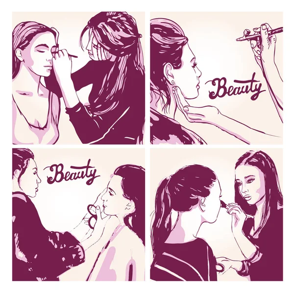 Mujer visagista maquillaje artista pinta en la cara de su cliente . — Vector de stock