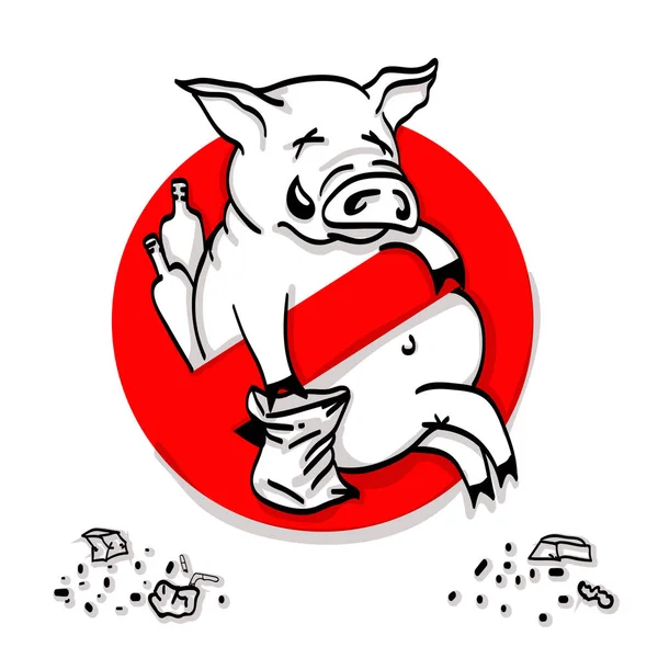 Icono de la línea de cerdo en el círculo rojo prohibición, No basura señal de prohibición, símbolo prohibido . — Archivo Imágenes Vectoriales