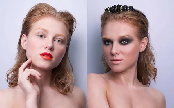 Porträtt av samma tjej med två oli makeup — Stockfoto