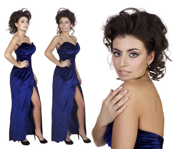 Beautiful brunet woman in blue evening dress isolated in white background — Stock Photo, Image