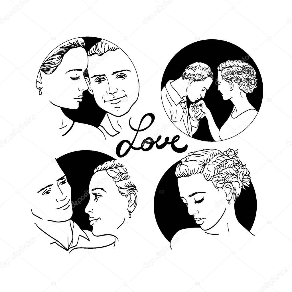 beautiful young couple in love, wedding vector silhouettes