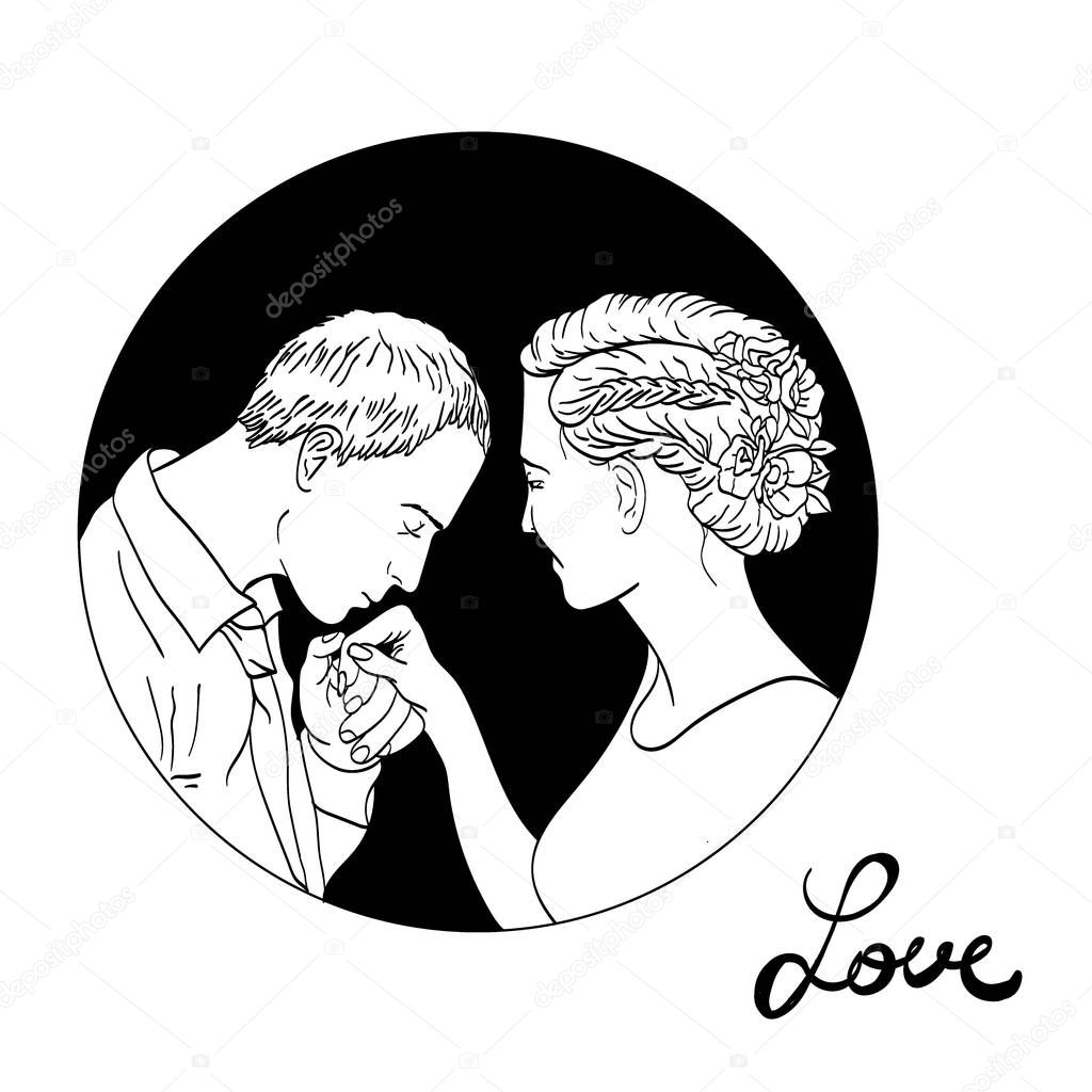 beautiful young couple in love, wedding vector silhouettes