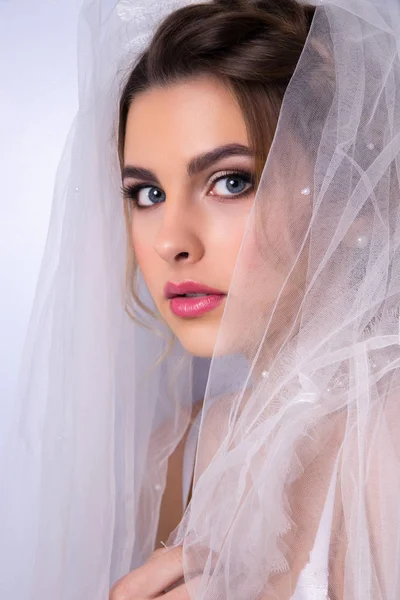 Beautiful woman  bride with tiara on head  on bright background , copy space. — Stock Photo, Image