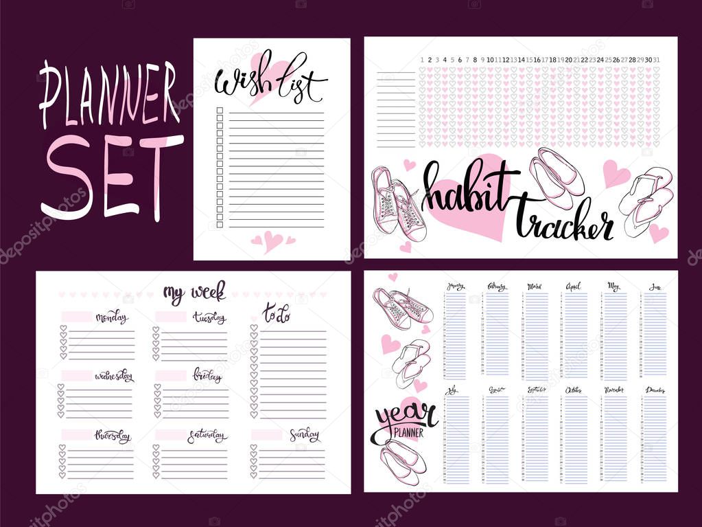 set: habit tracker, wish list,weekly and year  planner blank template.