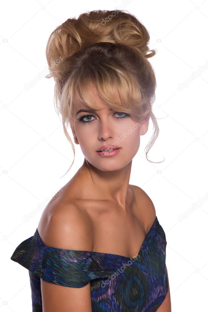 portrait of a beautiful blonde woman in retro dress 50-s style . copy space. vintage look. babetta haircut