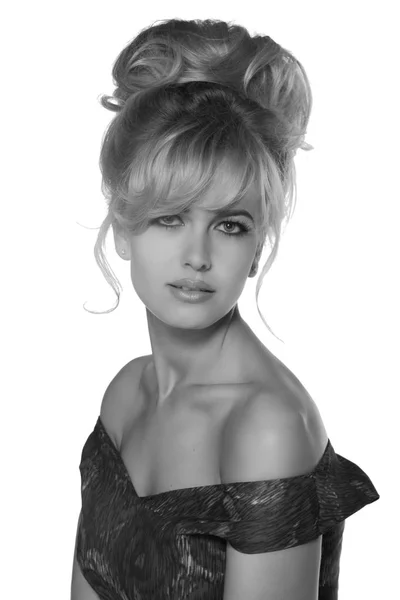 Portret Piękne Blond Kobieta Stylu Retro Sukienka Miejsce Vintage Wygląd — Zdjęcie stockowe
