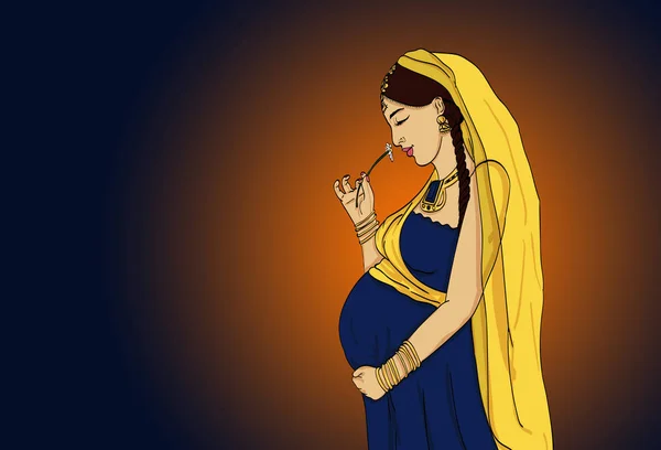 indian pregnant woman in pregnancy dress is prepared for maternity. waiting for a baby birth